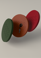 Set of three 3D-printed magnetic key holders in green, red, and orange PLA with textured surface, wall-mounted minimalist home organizer, modern entryway storage solution.